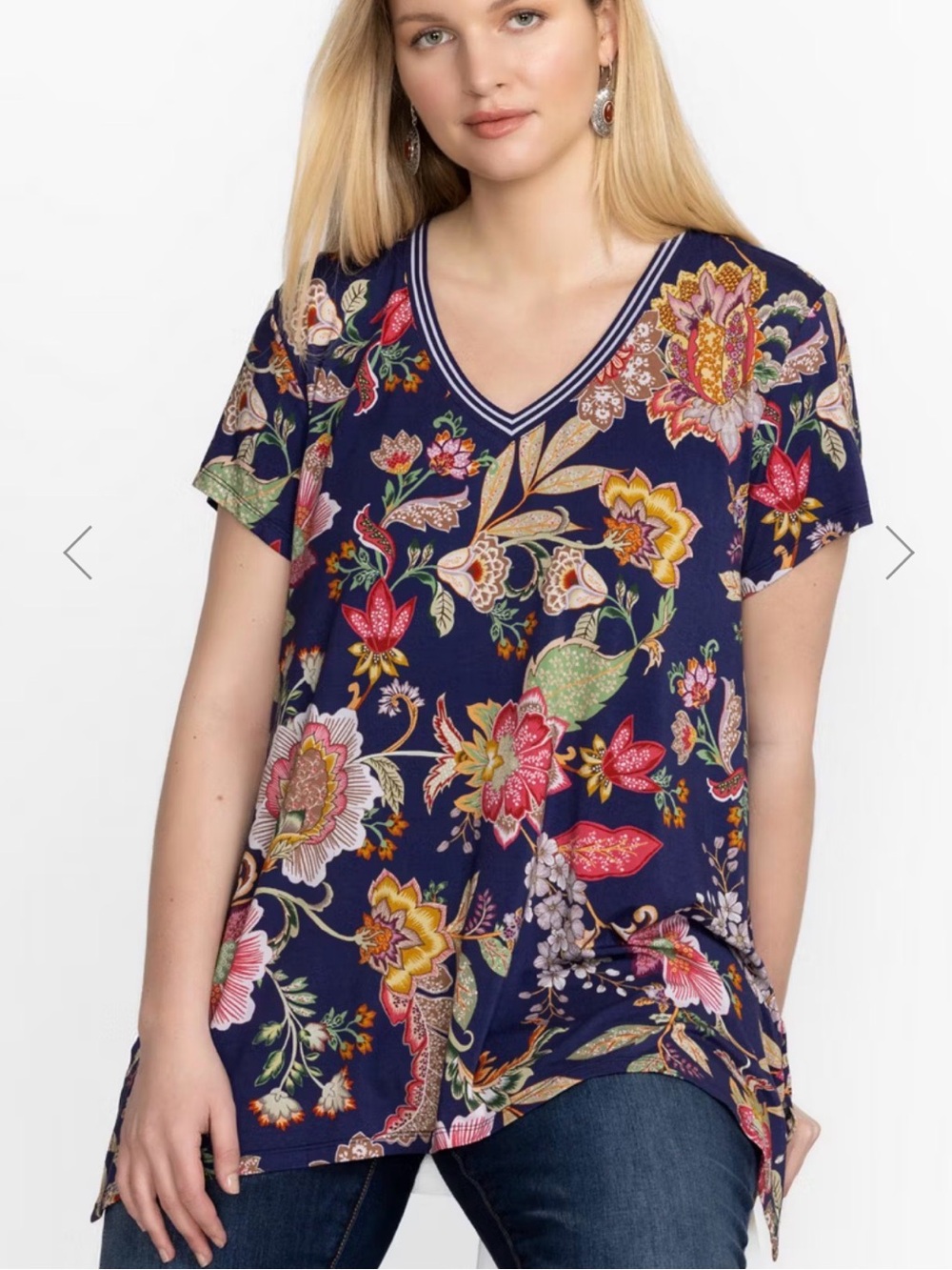 Johnny Was Navy Floral Tunic with Pink, Red and Gold Accents